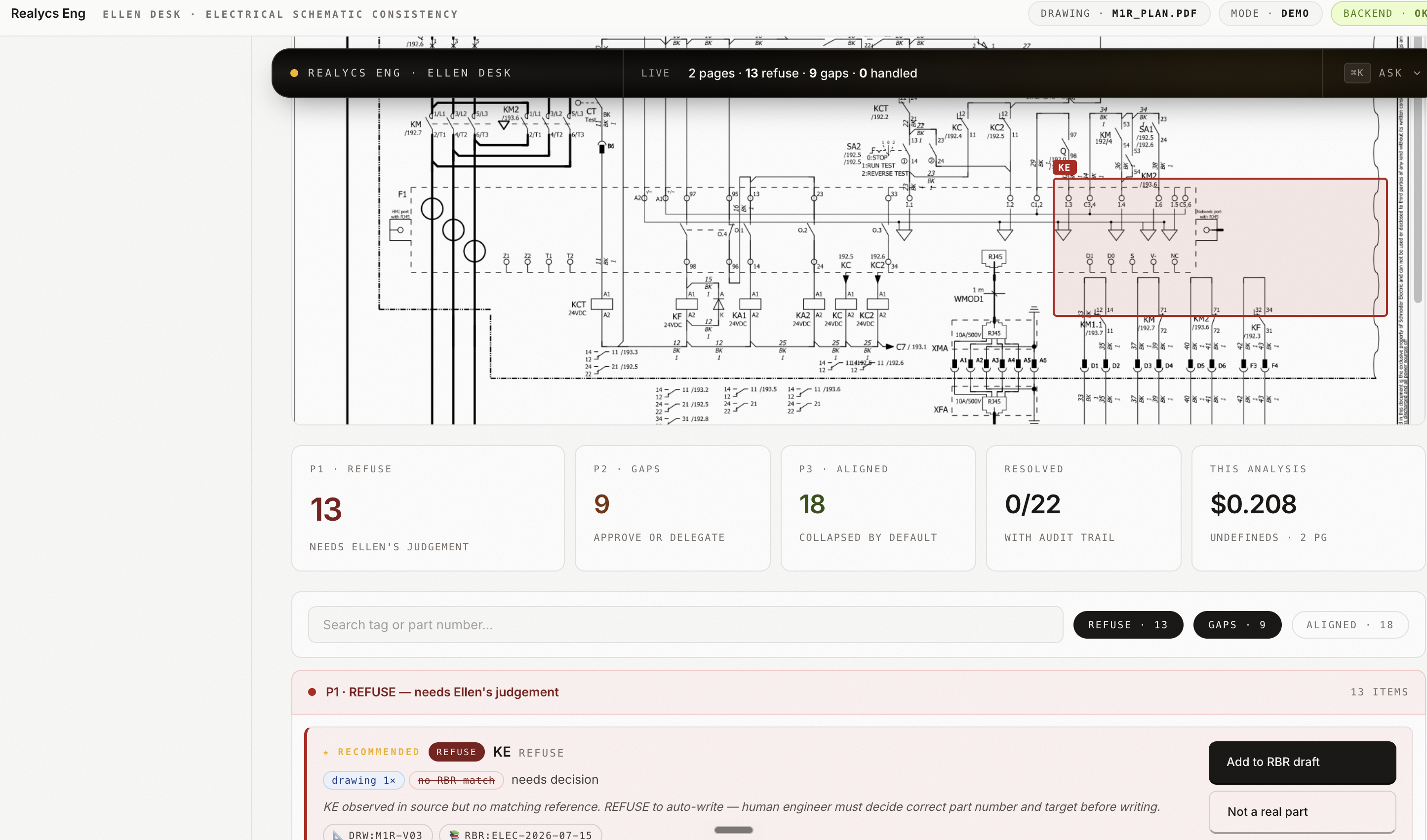 Ellen Desk · electrical schematic consistency review, with refuse and gap counters, accuracy indicator, and per-part decision tickets.
